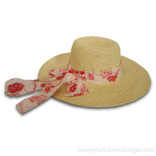 Summer Women's Paper Straw Hat with Floral Print Band Fashion and Beautiful, Comes in Floppy Shape